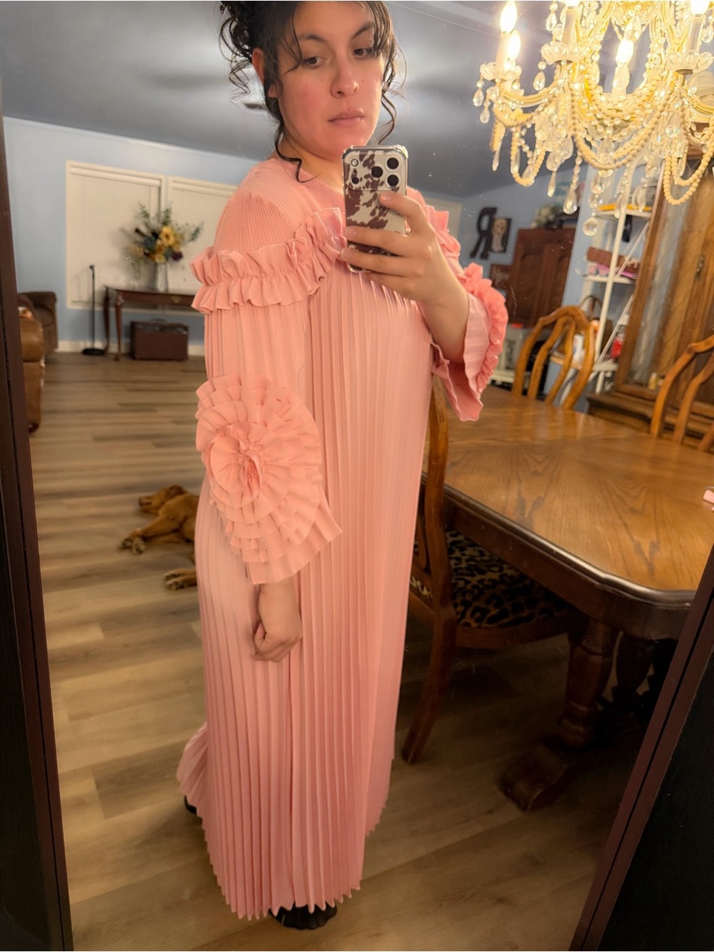 Pink Pleated Long Dress with Ruffle and Floral Sleeve Detail - Picture 4 of 6